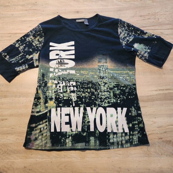 Apt. 9 New York T-Shirt NYC Skyline All Over Print Bling Rhinestone Womens Large - Picture 4 of 11